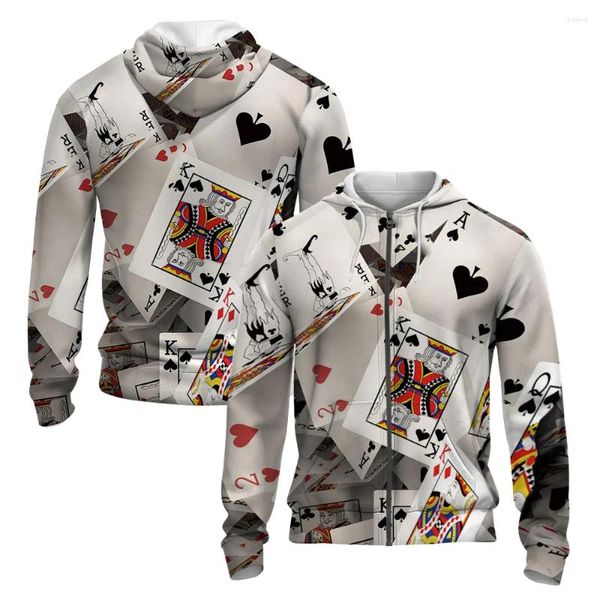 Hoodies masculinos tridimensional poker 3d impressão outono inverno zíper hoodie masculino retro rua moda esportes de grandes dimensões