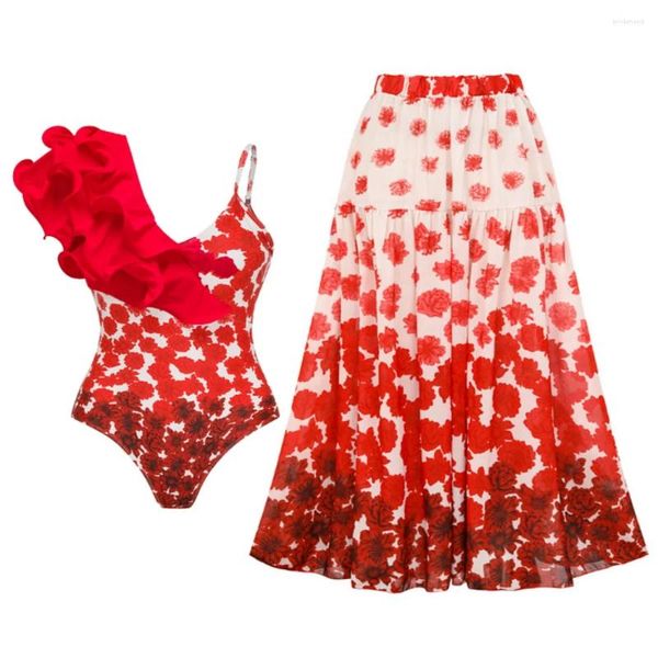 Mulheres Swimwear SEAURAL 2024 Ruffles Rose Gradiente Imprimir Plus Size Um Ombro Maiô Peça e Saia Maiô