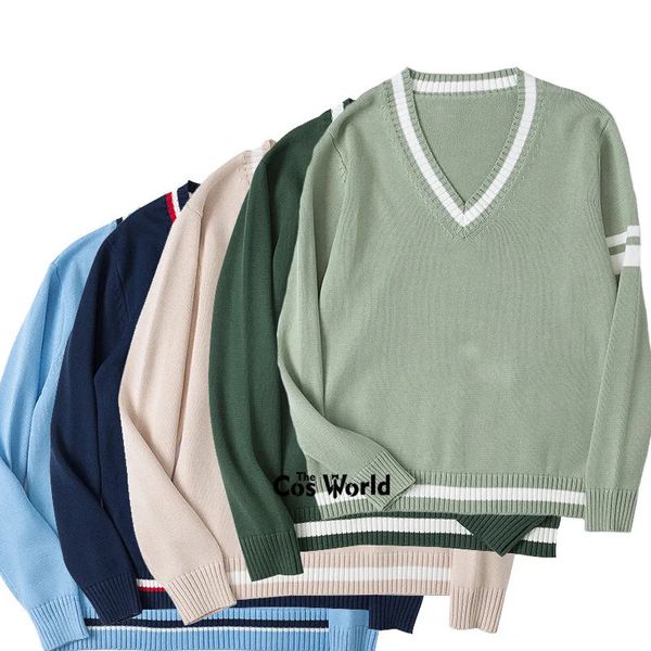 Xsxl outono inverno masculino 5 cores manga longa malha topos pullovers v pescoço suéteres para jk uniforme escolar roupas de estudante 240325