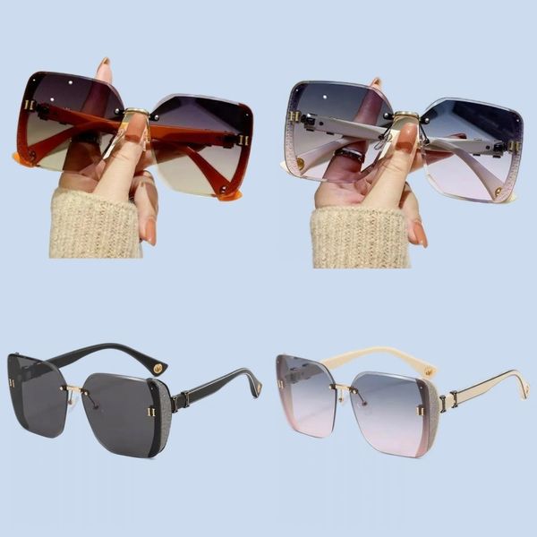 Óculos de sol de designer clássico para mulheres lentes de resina adumbral uv400 retângulo superdimensionado óculos de luxo letras de metal preto óculos de proteção sem moldura hj093 E4