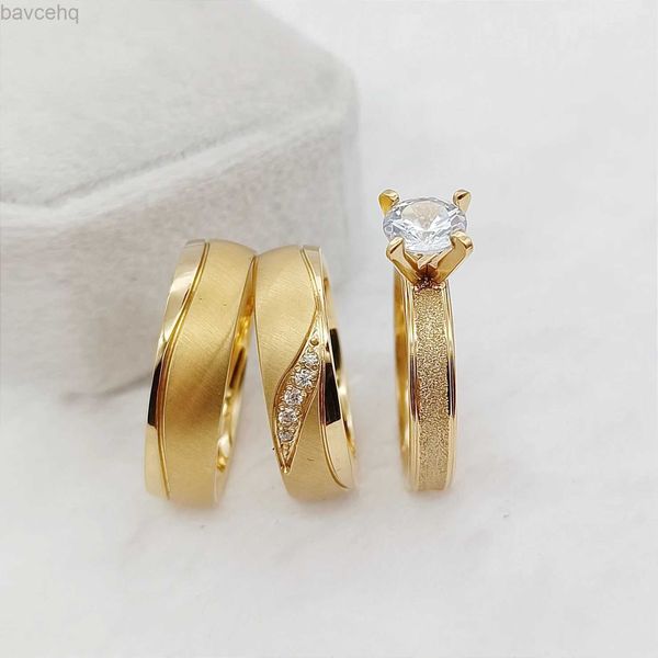 Anéis de casamento 3 peças conjuntos de anéis de noivado de casamento para homens e mulheres amantes aliança 24k banhado a ouro joias casais ringe 24329