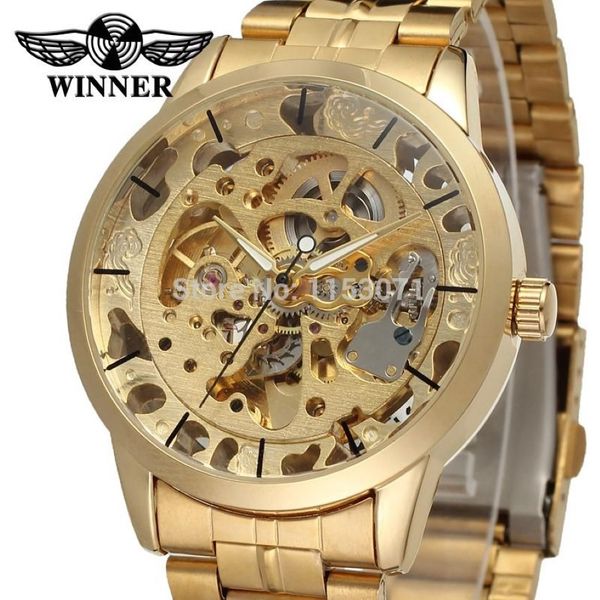 Vencedor relógio masculino marca superior de luxo automático esqueleto ouro fábrica empresa pulseira aço inoxidável relógio pulso226v