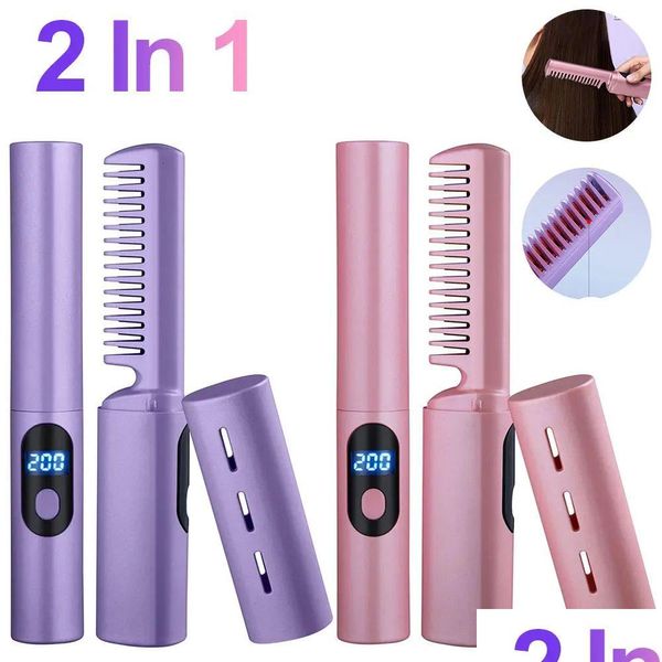 Alisadores de cabelo Mini alisamento escova pente mulheres usb alisador recarregável 2 em 1 aparelhos de estilo reto 240326 drop de otlmd