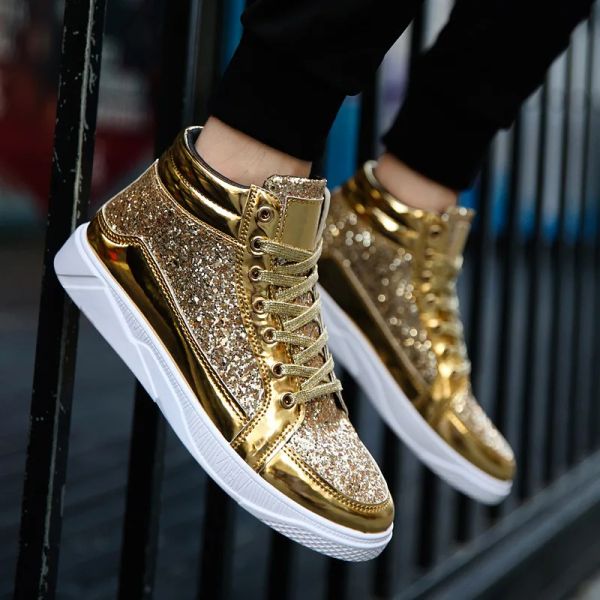 Scarpe da uomo di moda scarpe top high top oro lucido stivali argento retrò scarpe cristalline hiphop scarpe da autunno leggera leggera