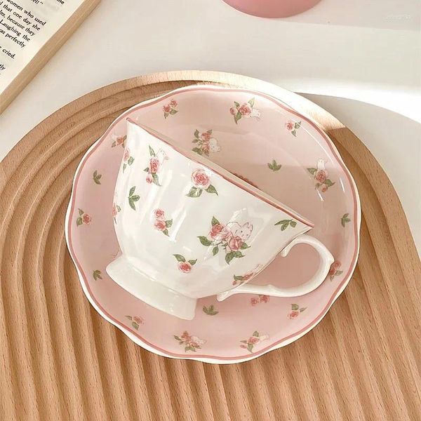 Tassen Untertassen Hübsche rosa Rose mit Keramik-Kaffeetasse und Untertasse-Set Englischer Nachmittagsteebecher 250 ml