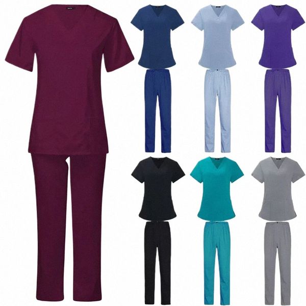 Estate sottile unisex Scrub Set per uomo donna Bellezza Sal Infermiera Scrubs Suit Lab Spa Uniformi con scollo a V Pet Grooming Abbigliamento da lavoro D1Qg #