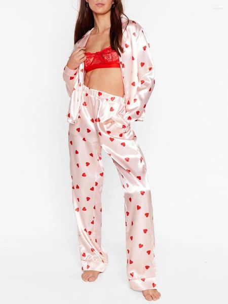 Casa roupas femininas conjuntos de pijama do dia dos namorados bonito manga longa coração botão para baixo camisa superior e calças 2 peça pjs y2k loungewear
