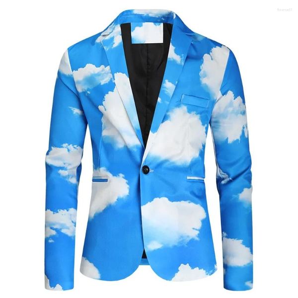 Мужские костюмы 2024, осенне-зимний модный костюм с голубым небом, белым облаком и принтом, молодежный повседневный костюм на одной пуговице