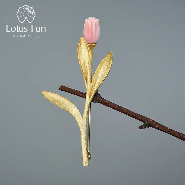 Lotus Fun Eternal Love Броши с цветком тюльпана, настоящее серебро 925 пробы, золото 18 карат, дизайн ручной работы, ювелирные украшения, подарок для женщин 240315