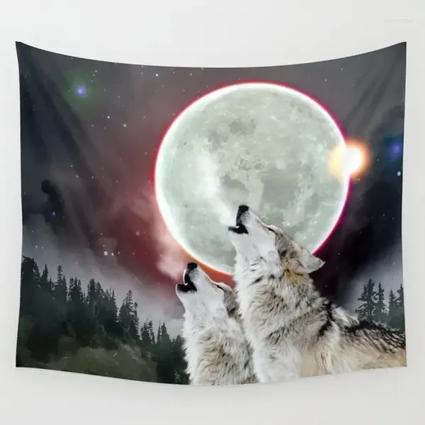 Tapeçarias lobos uivando lua eclipse lobo tapeçaria parede pendurado hippie tapetes casa sala de estar dormitório decoração cobertor