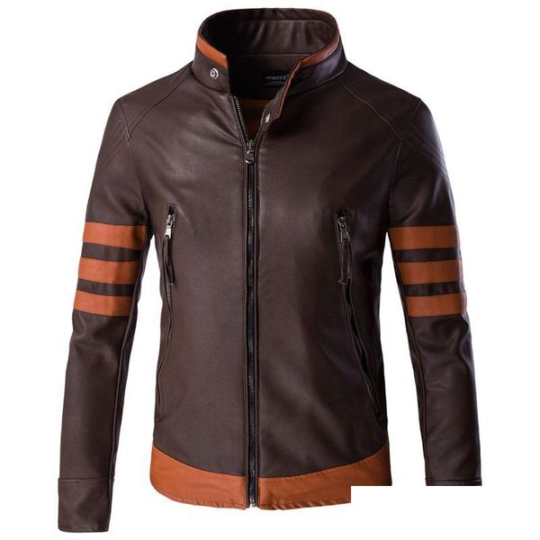 Jaqueta masculina de couro falso logan, jaqueta pu para motociclista, streetwear, inverno, listrada, com painéis, tamanho asiático, entrega direta, roupas dhosk