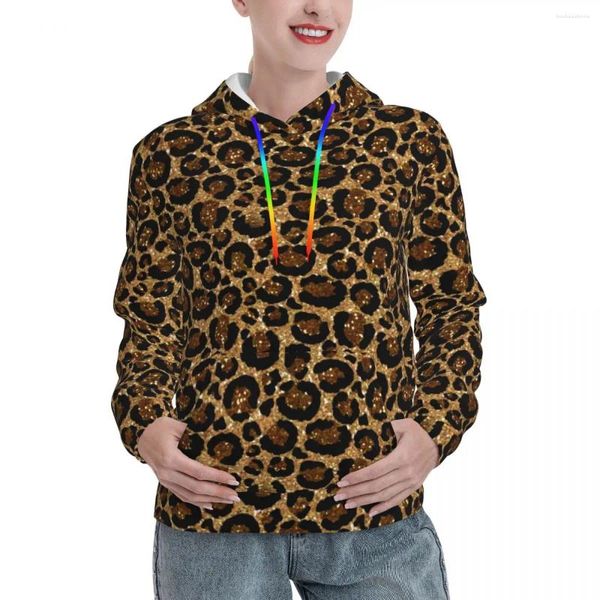 Kadın Hoodies Parlak Leopar Baskı Sıradan Kadın Modaya uygun hayvan Kawaii Kazak Hoodie Sonbahar Dış Giyim Tasarım Sweatshirtler Büyük boy üstler