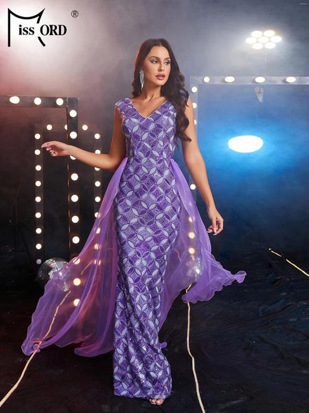 Abiti casual Missord Abito da sera con paillettes viola con strascico Abito da ballo aderente da donna elegante con scollo a V senza maniche con stampa geometrica