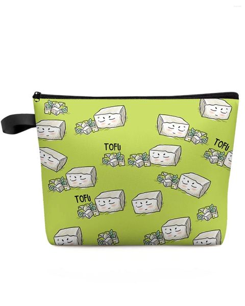 Borse per cosmetici Simpatica borsa per il trucco dei cartoni animati di tofu verde Borsa per il viaggio Elementi essenziali per la donna Donna Organizzatore per la toilette Astuccio per bambini