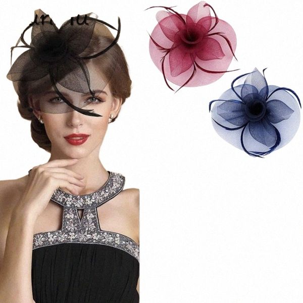 Fi Handmade Lady Women Fascinator Bow Clip di capelli Copricapo Piuma di pizzo Mini cappello Wedding Party Accory Race 5 colori s7rW #