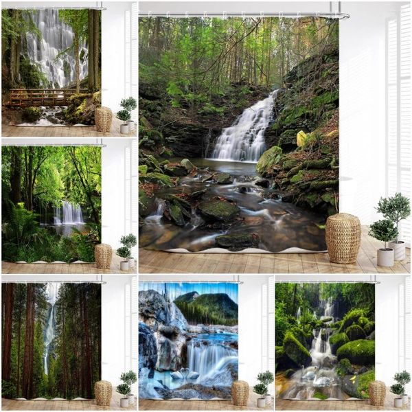 Cortinas de chuveiro floresta cortina floresta tropical rio cachoeira profunda flores silvestres folhas ponte botânica impressão decoração do banheiro com ganchos