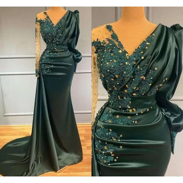 Vintage manga árabe verde escuro sereia vestidos de noite frisado lantejoulas apliques plissados longo cetim formal ocn vestidos de baile bc