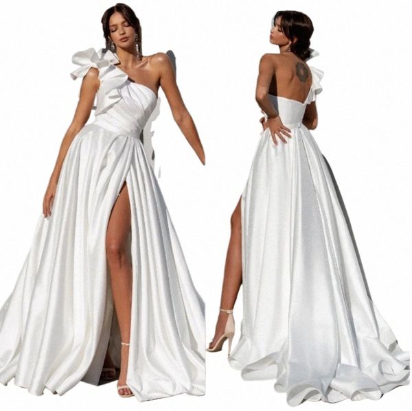 2024 Sexy A-Line Hochzeit Kleider für die Braut Rüschen Eine Schulter Satin Hochzeit Dr Slit Backl designe vestidos de novia 22Gm #