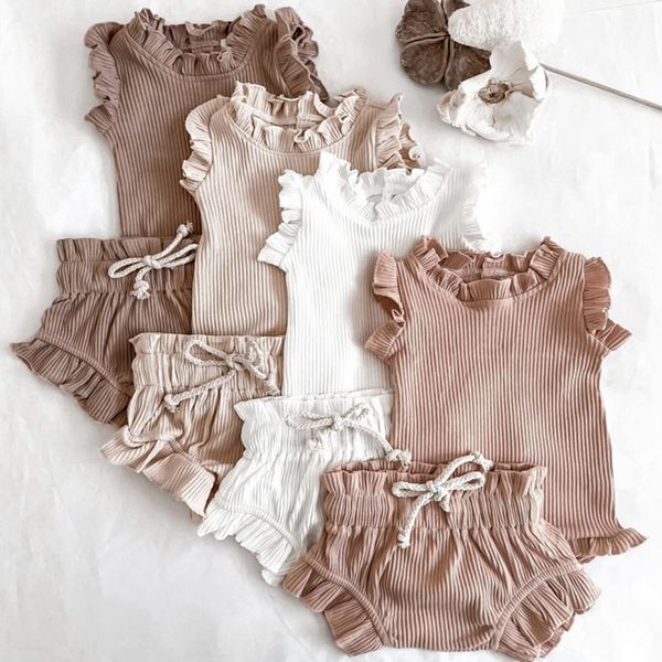 Set di abbigliamento Bambini Vestiti estivi per neonati per neonati Neonati maschi Solidi Pagliaccetti senza schienale in maglia con lacci Pantaloncini con coulisse Set di abiti da spiaggia 230613