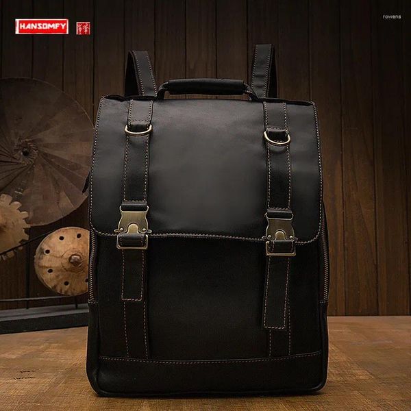 Mochila de couro genuíno dos homens retro motociclista primeira camada mochila viagem casual computador saco mochila grande