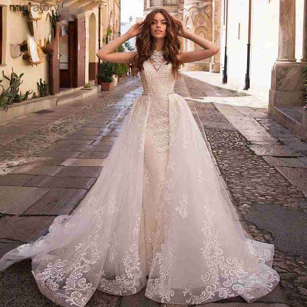 Abiti sexy urbani pizzo ricamato in rete con strascico scollo a V senza maniche abiti da sposa vintage lusso staccabile 2 in 1 abito da sposa Vestido De Novia yq240329