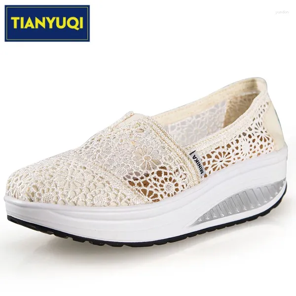 Sapatos de caminhada Tianyuqi verão malha respirável para mulheres cunhas plataforma tênis altura crescente balanço