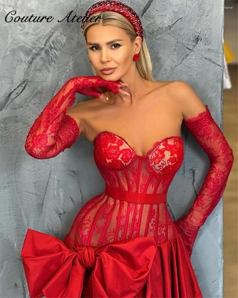 Vestidos de festa sexy laço vermelho baile com luvas elegante vestido de formatura espartilho fenda vestidos de casamento médio oriente querida arco