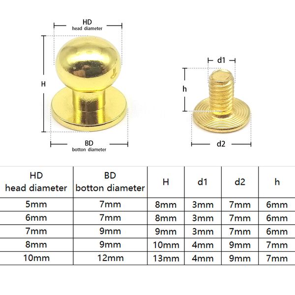 10pcs 5/6/7/8/10 mm massives Messing Kupfer Rundkugel Kopf Chicago Schraubpfosten Nippel Nagel Nieten für Lederbeutelgeruchgürtel