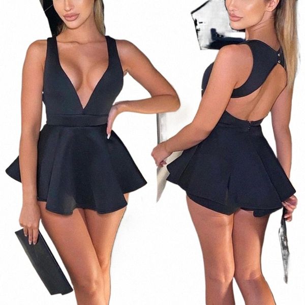 Donne sexy Halter profondo scollo a V Backl Mini Dr Zipper Shorts Bodyc Nero Dres Club Party Beach Robe E-Girl Y2K vestiti L0u4 #