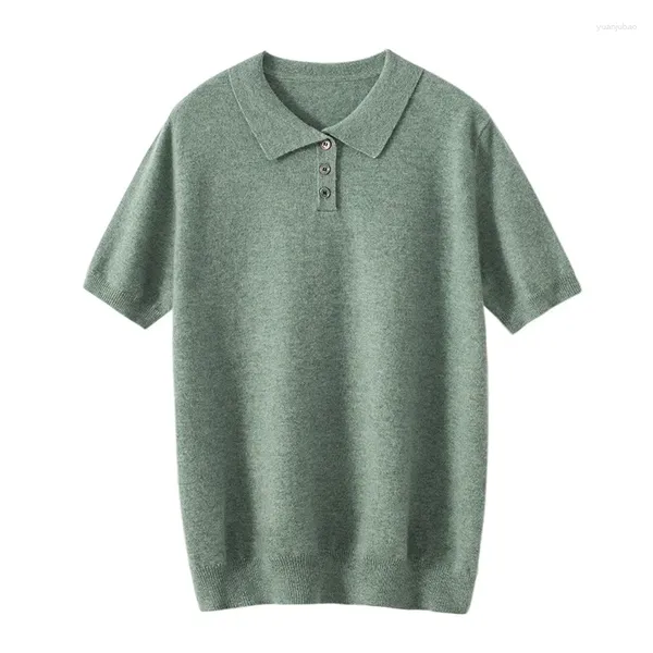 Suéter masculino ATTYYWS Cashmere Lapela Suéter de manga curta T-shirt de malha casual negócios verão pulôver fino