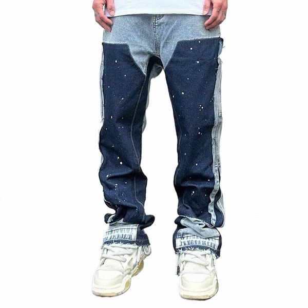 Tinta Europeia Pulverizado Queimado Jeans Para Homens Ctrast Cor Looen Fit Streetwear Denim Roupas Hem Aberto Calças Largas Masculinas 04QS #