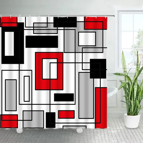 Tende da doccia Creativo geometrico rosso nero grigio quadrato plaid linea moderna arte astratta stampa arredamento bagno set di tende da bagno