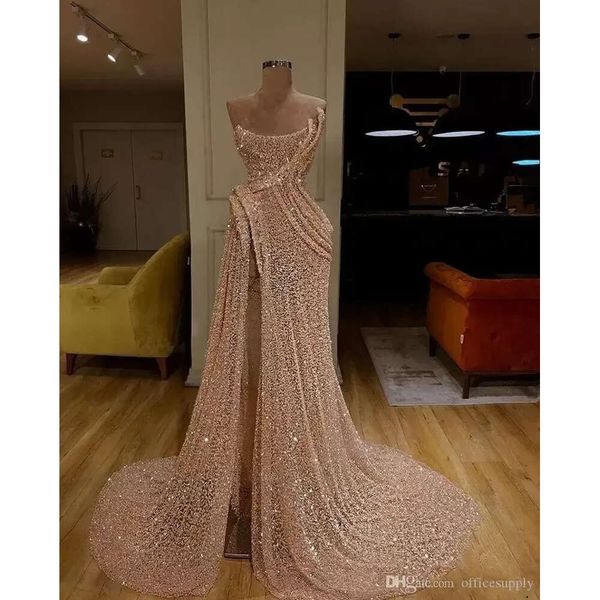 Vestidos de sereia dourados com cauda longa, vestido formal de alta divisão, vestidos de noite, robe de soiree abendkleider bc