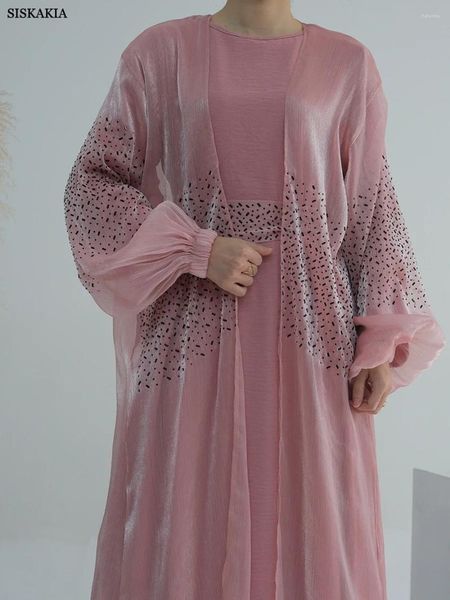 Abbigliamento etnico 2 set Donna musulmana Moda islamica Abaya saudita Kimono aperto con cintura e abito interno Abito turco Dubai Dubai