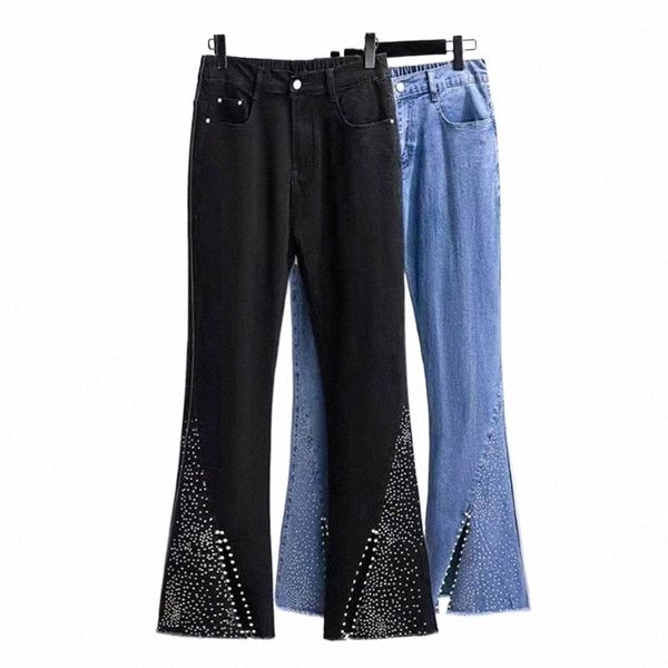 Plus Size Pearl Studded Rhineste Flare Nono Jeans 7XL Mulheres Rua Cintura Alta Perna Larga Trompete Split Frisado Demin Skinny Pant 78z9 #