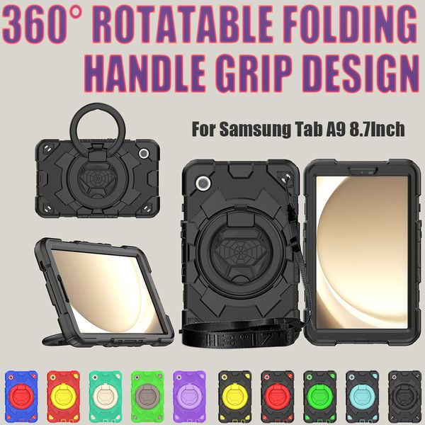 Para Samsung Galaxy Tab A9 8,7 polegadas Caixa Grip 360 Rotativa Armadura Tampa de Armadura 3 em 1 Crianças Robadas Híbridas Casos Profolentes de Clock +Filme Protetor de Tela +ombro
