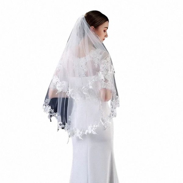 Heißer Verkauf Kurze Günstige Zwei Schichten Hochzeit Schleier Spitze Appliques Braut Schleier Braut Boda Velo De Novia M5mA #