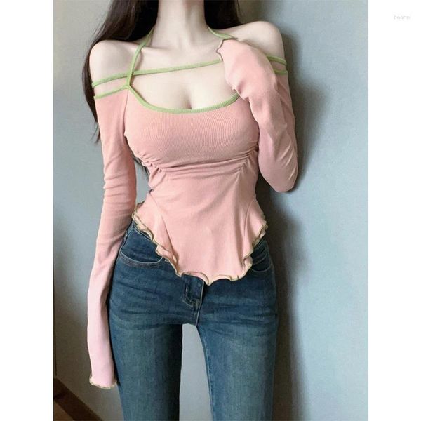 Mulheres Camisetas Rosa Irregular Bottoming Camisa Desgaste Interno Primavera e Outono Off-Ombro Manga Longa T-shirt Slim Fit Sexy Curto Halter