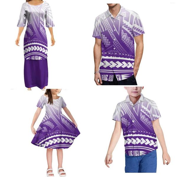 Vestidos casuais mulheres puletasi vestido e camisa masculina combinando crianças meninos tribo polinésia personalizado impresso família terno