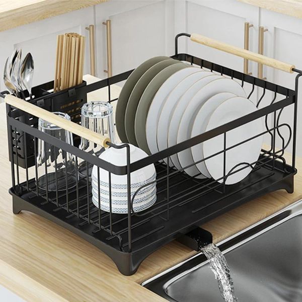 Escorredor de aço inoxidável à prova de ferrugem, rack de secagem de prato de armazenamento de cozinha com suporte de utensílio de escorredor bico giratório ajustável
