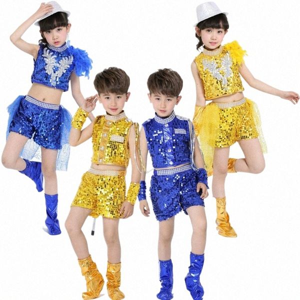 Nova chegada azul amarelo vermelho lantejoulas sexy menino meninas realizando trajes de dança roupas e criança menino meninas trajes de dança jazz w0qg #