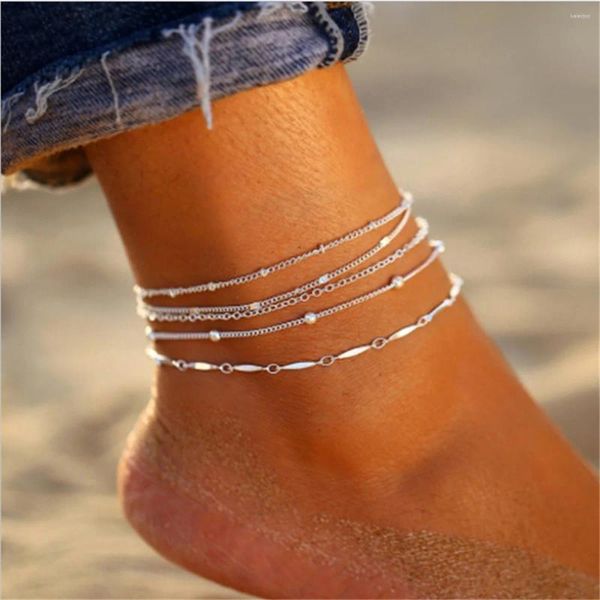 Cavigliere Catena a maglie color argento multistrato per le donne Design semplice Set da spiaggia Perline Caviglia per ragazze Gioielli a piedi nudi