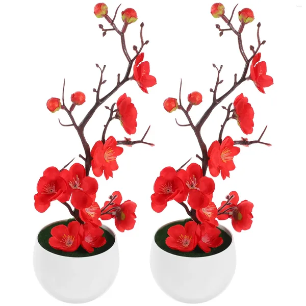 Flores decorativas 2 pçs artificial simulado vasos de plantas desktop falso realista flor de ameixa ornamentos bonsai