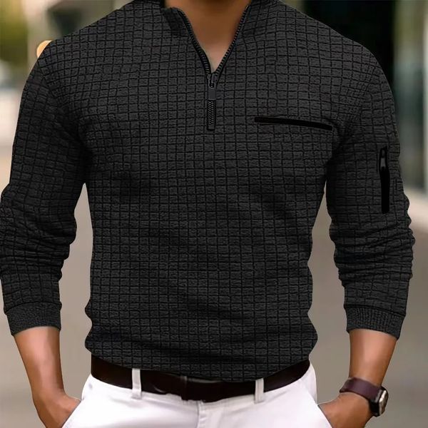 Primavera outono masculino polo camisa sólida xadrez xadrez braço zíper moda respirável esportes polo para homem t streetwear 240328