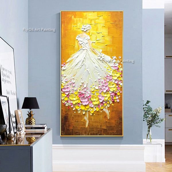 Pintura a óleo da dançarina de balé na tela grande arte de parede abstrato pintado à mão Pessoas de textura amarela clara pintando para a decoração da sala de estar presente
