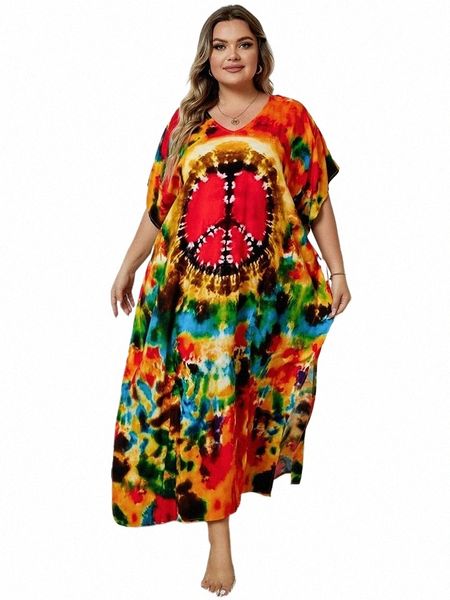 Sexy V Pesch Print Oversiza Kaftan Batwing Sleeve Slit Summer Vacati Women Women Beachwear Plus Size Swimsuit Submold-ups Q1464 F5el#