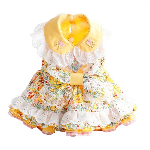 Vestuário de cão moda macio floral impressão primavera verão doce vestido interior ao ar livre teddy pug feminino amarelo princesa estilo romano feriado bonito
