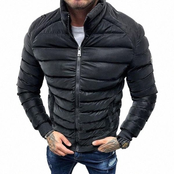 Herbst Winter Warme Daunenjacke für Männer Casual Reine Farbe Slim Lg Sleeve Slim Fit Cott Gepolsterter Mantel Herren Freizeit Reißverschluss Jacken 56Ev #