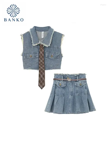 Abiti da lavoro Abiti vintage chic americani Set da 2 pezzi Collo a polo Top in denim Gonna a trapezio classica a vita alta Lavata blu Occasioni formali