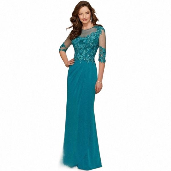 Azul-verde Mãe da Noiva Dr Meia Mangas Rendas Frisada A-Line Festa Formal Casamentos Noivo Madrinha Dres Plus Size Novo G1TK #